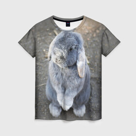 Женская футболка 3D с принтом Кролик в Санкт-Петербурге, 100% полиэфир ( синтетическое хлопкоподобное полотно) | прямой крой, круглый вырез горловины, длина до линии бедер | грызун | животные | заяц | кролик | мордочка | природа | пушистый | уши