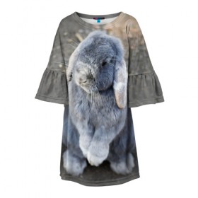 Детское платье 3D с принтом Кролик в Санкт-Петербурге, 100% полиэстер | прямой силуэт, чуть расширенный к низу. Круглая горловина, на рукавах — воланы | грызун | животные | заяц | кролик | мордочка | природа | пушистый | уши