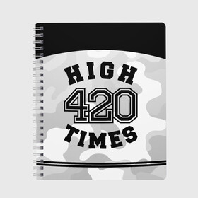 Тетрадь с принтом High Times 420 Camo в Санкт-Петербурге, 100% бумага | 48 листов, плотность листов — 60 г/м2, плотность картонной обложки — 250 г/м2. Листы скреплены сбоку удобной пружинной спиралью. Уголки страниц и обложки скругленные. Цвет линий — светло-серый
 | Тематика изображения на принте: camouflage | камо | камуфляж