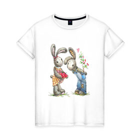 Женская футболка хлопок с принтом Любовь в Санкт-Петербурге, 100% хлопок | прямой крой, круглый вырез горловины, длина до линии бедер, слегка спущенное плечо | акварель | зайчиха | заяц | игрушка | кролики | мимими | плюшевый | рисунок | ягода