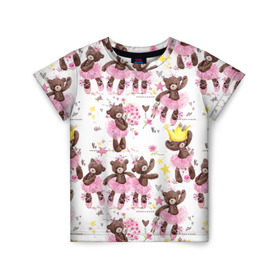 Детская футболка 3D с принтом Плюшевые мишки в Санкт-Петербурге, 100% гипоаллергенный полиэфир | прямой крой, круглый вырез горловины, длина до линии бедер, чуть спущенное плечо, ткань немного тянется | Тематика изображения на принте: акварель | балерина | медведи | пачка | пуанты | рисунок | розовый | теди | цветы