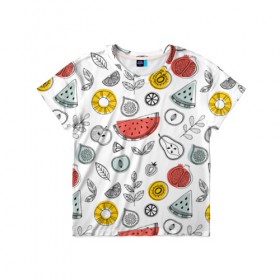 Детская футболка 3D с принтом Летний микс в Санкт-Петербурге, 100% гипоаллергенный полиэфир | прямой крой, круглый вырез горловины, длина до линии бедер, чуть спущенное плечо, ткань немного тянется | ананас | апельсин | арбуз | груша | еда | клубника | лето | листья | минимализм | персик | раскраска | фрукты | ягоды