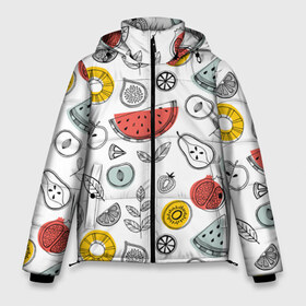 Мужская зимняя куртка 3D с принтом Летний микс в Санкт-Петербурге, верх — 100% полиэстер; подкладка — 100% полиэстер; утеплитель — 100% полиэстер | длина ниже бедра, свободный силуэт Оверсайз. Есть воротник-стойка, отстегивающийся капюшон и ветрозащитная планка. 

Боковые карманы с листочкой на кнопках и внутренний карман на молнии. | ананас | апельсин | арбуз | груша | еда | клубника | лето | листья | минимализм | персик | раскраска | фрукты | ягоды
