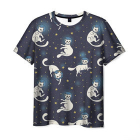 Мужская футболка 3D с принтом Космокотики в Санкт-Петербурге, 100% полиэфир | прямой крой, круглый вырез горловины, длина до линии бедер | Тематика изображения на принте: звёзды | космос | кот | котик | кошка | паттерн | скафандр