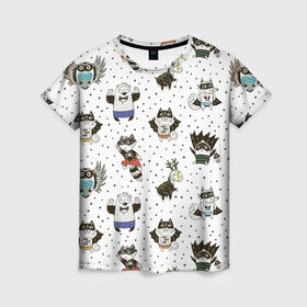 Женская футболка 3D с принтом Лесные супергерои в Санкт-Петербурге, 100% полиэфир ( синтетическое хлопкоподобное полотно) | прямой крой, круглый вырез горловины, длина до линии бедер | енот | лес | лис | лось | медведь | паттерн | сова