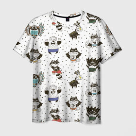 Мужская футболка 3D с принтом Лесные супергерои в Санкт-Петербурге, 100% полиэфир | прямой крой, круглый вырез горловины, длина до линии бедер | енот | лес | лис | лось | медведь | паттерн | сова