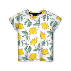 Детская футболка 3D с принтом Лимончики в Санкт-Петербурге, 100% гипоаллергенный полиэфир | прямой крой, круглый вырез горловины, длина до линии бедер, чуть спущенное плечо, ткань немного тянется | Тематика изображения на принте: лимоны | минимализм | паттерн | фрукты | цитрусовые