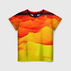 Детская футболка 3D с принтом Пустыня в Санкт-Петербурге, 100% гипоаллергенный полиэфир | прямой крой, круглый вырез горловины, длина до линии бедер, чуть спущенное плечо, ткань немного тянется | Тематика изображения на принте: 3d | narure | summer | yellow | вечер | жара | закат | насыпи | песок | пустыня | солнце