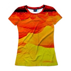 Женская футболка 3D с принтом Пустыня в Санкт-Петербурге, 100% полиэфир ( синтетическое хлопкоподобное полотно) | прямой крой, круглый вырез горловины, длина до линии бедер | Тематика изображения на принте: 3d | narure | summer | yellow | вечер | жара | закат | насыпи | песок | пустыня | солнце