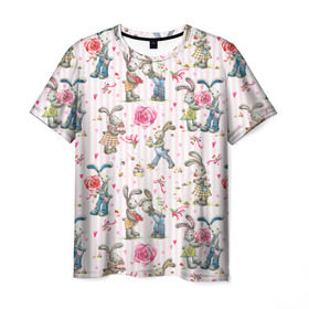 Мужская футболка 3D с принтом Кролики в Санкт-Петербурге, 100% полиэфир | прямой крой, круглый вырез горловины, длина до линии бедер | акварель | зайчиха | заяц | кролиха | кроль | любовь | подарок | полоска | рисунок | сердце