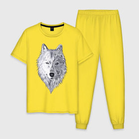 Мужская пижама хлопок с принтом Рисованный волк в Санкт-Петербурге, 100% хлопок | брюки и футболка прямого кроя, без карманов, на брюках мягкая резинка на поясе и по низу штанин
 | арт | волки | графика | животные | узор | хищники | черно белые