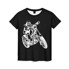 Женская футболка 3D с принтом Байкер в Санкт-Петербурге, 100% полиэфир ( синтетическое хлопкоподобное полотно) | прямой крой, круглый вырез горловины, длина до линии бедер | biker | black and white | man | motorcycle | motorcyclist | silhouette | stencil | байкер | мотоцикл | мотоциклист | мужчина | силуэт | трафарет | черно белый