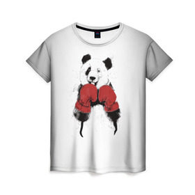 Женская футболка 3D с принтом Панда боксер в Санкт-Петербурге, 100% полиэфир ( синтетическое хлопкоподобное полотно) | прямой крой, круглый вырез горловины, длина до линии бедер | бамбук | бамбуковый медведь | бокс | боксерские | брызги | енот | животное | коала | красивый | красная книга | кунгфу | медведь | милый | мишка | очки | панда | перчатки | пот | прикол | прикольный