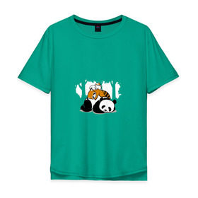 Мужская футболка хлопок Oversize с принтом Зверушки спят в лесу в Санкт-Петербурге, 100% хлопок | свободный крой, круглый ворот, “спинка” длиннее передней части | Тематика изображения на принте: зайчик | заяц | милота | мишка | панда