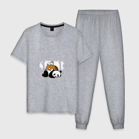 Мужская пижама хлопок с принтом Зверушки спят в лесу в Санкт-Петербурге, 100% хлопок | брюки и футболка прямого кроя, без карманов, на брюках мягкая резинка на поясе и по низу штанин
 | Тематика изображения на принте: зайчик | заяц | милота | мишка | панда