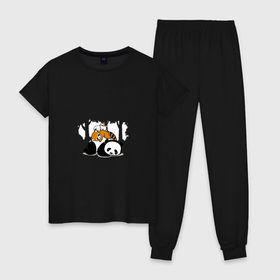 Женская пижама хлопок с принтом Зверушки спят в лесу в Санкт-Петербурге, 100% хлопок | брюки и футболка прямого кроя, без карманов, на брюках мягкая резинка на поясе и по низу штанин | зайчик | заяц | милота | мишка | панда