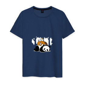 Мужская футболка хлопок с принтом Зверушки спят в лесу в Санкт-Петербурге, 100% хлопок | прямой крой, круглый вырез горловины, длина до линии бедер, слегка спущенное плечо. | Тематика изображения на принте: зайчик | заяц | милота | мишка | панда
