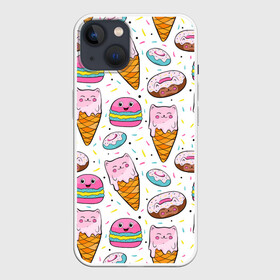 Чехол для iPhone 13 с принтом Сладкие котики в Санкт-Петербурге,  |  | конфетти | котики | мороженое | пломбир | пончики | рожок