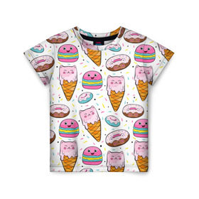 Детская футболка 3D с принтом Сладкие котики в Санкт-Петербурге, 100% гипоаллергенный полиэфир | прямой крой, круглый вырез горловины, длина до линии бедер, чуть спущенное плечо, ткань немного тянется | конфетти | котики | мороженое | пломбир | пончики | рожок