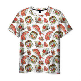 Мужская футболка 3D с принтом Суши микс в Санкт-Петербурге, 100% полиэфир | прямой крой, круглый вырез горловины, длина до линии бедер | азия | веер | имбирь | роллы | суши | япония