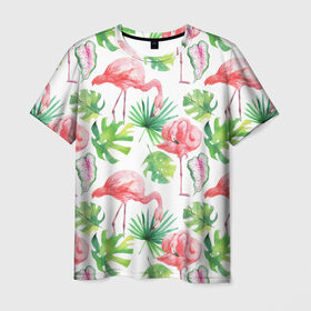 Мужская футболка 3D с принтом Розовые в Санкт-Петербурге, 100% полиэфир | прямой крой, круглый вырез горловины, длина до линии бедер | листья | папоротник | паттерн | фламинго