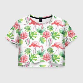 Женская футболка 3D укороченная с принтом Розовые в Санкт-Петербурге, 100% полиэстер | круглая горловина, длина футболки до линии талии, рукава с отворотами | листья | папоротник | паттерн | фламинго