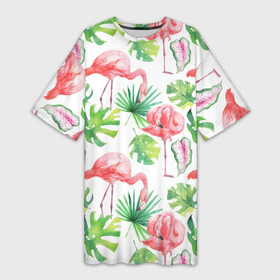 Платье-футболка 3D с принтом Розовые в Санкт-Петербурге,  |  | листья | папоротник | паттерн | фламинго