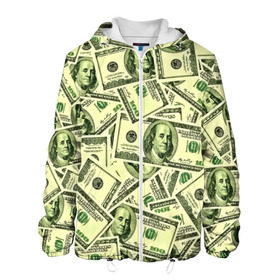 Мужская куртка 3D с принтом Benjamin Franklin в Санкт-Петербурге, ткань верха — 100% полиэстер, подклад — флис | прямой крой, подол и капюшон оформлены резинкой с фиксаторами, два кармана без застежек по бокам, один большой потайной карман на груди. Карман на груди застегивается на липучку | 3d | benjamin franklin | америка | богатство | валюта | денежные купюры | деньги | доллар | зеленые | сша | текстуры