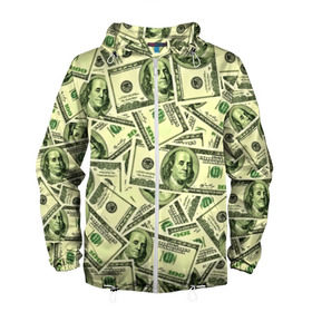 Мужская ветровка 3D с принтом Benjamin Franklin в Санкт-Петербурге, 100% полиэстер | подол и капюшон оформлены резинкой с фиксаторами, два кармана без застежек по бокам, один потайной карман на груди | 3d | benjamin franklin | америка | богатство | валюта | денежные купюры | деньги | доллар | зеленые | сша | текстуры