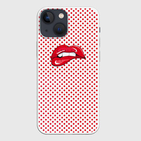 Чехол для iPhone 13 mini с принтом Губы Горох в Санкт-Петербурге,  |  | swag | блики | девушка | женщина | зубы | королева | красная помада | красный горошек | лицо | поцелуй | прикус | принт | улыбка | целовать
