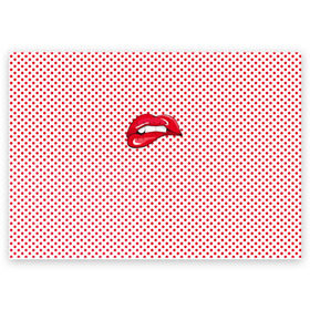 Поздравительная открытка с принтом Губы Горох в Санкт-Петербурге, 100% бумага | плотность бумаги 280 г/м2, матовая, на обратной стороне линовка и место для марки
 | swag | блики | девушка | женщина | зубы | королева | красная помада | красный горошек | лицо | поцелуй | прикус | принт | улыбка | целовать