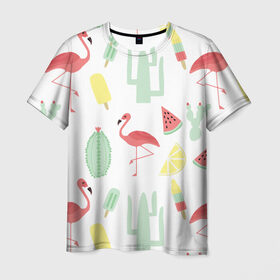 Мужская футболка 3D с принтом Flamingo print в Санкт-Петербурге, 100% полиэфир | прямой крой, круглый вырез горловины, длина до линии бедер | animals | beautiful | blue | color | cute | nature | sea | water | wild | белое | вода | голубое | животные | красивое | красота | милое | море | морское | природа | птица | птицы | птичка | птички | синее | цвет | чёрное | яркое