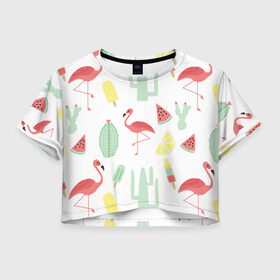 Женская футболка 3D укороченная с принтом Flamingo print в Санкт-Петербурге, 100% полиэстер | круглая горловина, длина футболки до линии талии, рукава с отворотами | animals | beautiful | blue | color | cute | nature | sea | water | wild | белое | вода | голубое | животные | красивое | красота | милое | море | морское | природа | птица | птицы | птичка | птички | синее | цвет | чёрное | яркое
