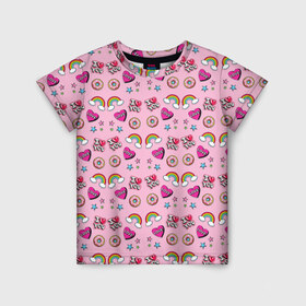 Детская футболка 3D с принтом Стикеры для Нее в Санкт-Петербурге, 100% гипоаллергенный полиэфир | прямой крой, круглый вырез горловины, длина до линии бедер, чуть спущенное плечо, ткань немного тянется | Тематика изображения на принте: звезды | пончик | радуга | розовый | сердечко | я тебя люблю