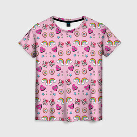 Женская футболка 3D с принтом Стикеры для Нее в Санкт-Петербурге, 100% полиэфир ( синтетическое хлопкоподобное полотно) | прямой крой, круглый вырез горловины, длина до линии бедер | Тематика изображения на принте: звезды | пончик | радуга | розовый | сердечко | я тебя люблю