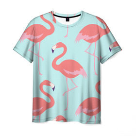Мужская футболка 3D с принтом Flamingos pattern в Санкт-Петербурге, 100% полиэфир | прямой крой, круглый вырез горловины, длина до линии бедер | Тематика изображения на принте: animals | beautiful | bird | birds | birdy | blue | color | flamingo | nature | wild | белое | голубое | животные | красивое | красота | милое | природа | птица | птицы | птичка | птички | синее | фламинго | цвет | яркое