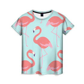 Женская футболка 3D с принтом Flamingos pattern в Санкт-Петербурге, 100% полиэфир ( синтетическое хлопкоподобное полотно) | прямой крой, круглый вырез горловины, длина до линии бедер | animals | beautiful | bird | birds | birdy | blue | color | flamingo | nature | wild | белое | голубое | животные | красивое | красота | милое | природа | птица | птицы | птичка | птички | синее | фламинго | цвет | яркое