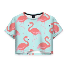 Женская футболка 3D укороченная с принтом Flamingos pattern в Санкт-Петербурге, 100% полиэстер | круглая горловина, длина футболки до линии талии, рукава с отворотами | animals | beautiful | bird | birds | birdy | blue | color | flamingo | nature | wild | белое | голубое | животные | красивое | красота | милое | природа | птица | птицы | птичка | птички | синее | фламинго | цвет | яркое