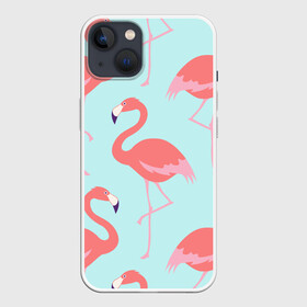 Чехол для iPhone 13 с принтом Flamingos pattern в Санкт-Петербурге,  |  | animals | beautiful | bird | birds | birdy | blue | color | flamingo | nature | wild | белое | голубое | животные | красивое | красота | милое | природа | птица | птицы | птичка | птички | синее | фламинго | цвет | яркое