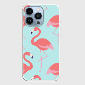 Чехол для iPhone 13 Pro с принтом Flamingos pattern в Санкт-Петербурге,  |  | Тематика изображения на принте: animals | beautiful | bird | birds | birdy | blue | color | flamingo | nature | wild | белое | голубое | животные | красивое | красота | милое | природа | птица | птицы | птичка | птички | синее | фламинго | цвет | яркое