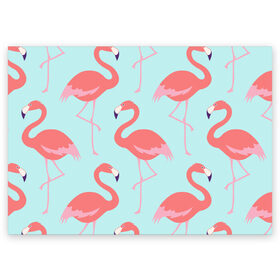 Поздравительная открытка с принтом Flamingos pattern в Санкт-Петербурге, 100% бумага | плотность бумаги 280 г/м2, матовая, на обратной стороне линовка и место для марки
 | animals | beautiful | bird | birds | birdy | blue | color | flamingo | nature | wild | белое | голубое | животные | красивое | красота | милое | природа | птица | птицы | птичка | птички | синее | фламинго | цвет | яркое