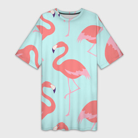 Платье-футболка 3D с принтом Flamingos pattern в Санкт-Петербурге,  |  | animals | beautiful | bird | birds | birdy | blue | color | flamingo | nature | wild | белое | голубое | животные | красивое | красота | милое | природа | птица | птицы | птичка | птички | синее | фламинго | цвет | яркое