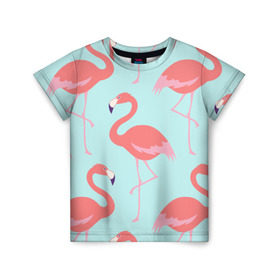 Детская футболка 3D с принтом Flamingos pattern в Санкт-Петербурге, 100% гипоаллергенный полиэфир | прямой крой, круглый вырез горловины, длина до линии бедер, чуть спущенное плечо, ткань немного тянется | animals | beautiful | bird | birds | birdy | blue | color | flamingo | nature | wild | белое | голубое | животные | красивое | красота | милое | природа | птица | птицы | птичка | птички | синее | фламинго | цвет | яркое
