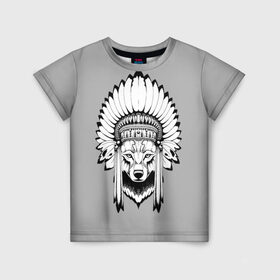 Детская футболка 3D с принтом Indian wolf в Санкт-Петербурге, 100% гипоаллергенный полиэфир | прямой крой, круглый вырез горловины, длина до линии бедер, чуть спущенное плечо, ткань немного тянется | Тематика изображения на принте: indian | wolf | волк | голова животного | индеец | перья