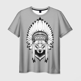 Мужская футболка 3D с принтом Indian wolf в Санкт-Петербурге, 100% полиэфир | прямой крой, круглый вырез горловины, длина до линии бедер | indian | wolf | волк | голова животного | индеец | перья