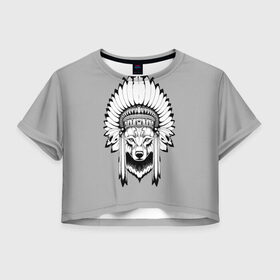 Женская футболка 3D укороченная с принтом Indian wolf в Санкт-Петербурге, 100% полиэстер | круглая горловина, длина футболки до линии талии, рукава с отворотами | indian | wolf | волк | голова животного | индеец | перья