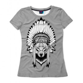 Женская футболка 3D с принтом Indian wolf в Санкт-Петербурге, 100% полиэфир ( синтетическое хлопкоподобное полотно) | прямой крой, круглый вырез горловины, длина до линии бедер | indian | wolf | волк | голова животного | индеец | перья