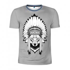 Мужская футболка 3D спортивная с принтом Indian wolf в Санкт-Петербурге, 100% полиэстер с улучшенными характеристиками | приталенный силуэт, круглая горловина, широкие плечи, сужается к линии бедра | Тематика изображения на принте: indian | wolf | волк | голова животного | индеец | перья