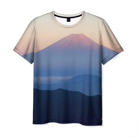 Мужская футболка 3D с принтом Фудзияма в Санкт-Петербурге, 100% полиэфир | прямой крой, круглый вырез горловины, длина до линии бедер | fuji | вулкан | горы | рассвет | солнце | туман | утро | япония