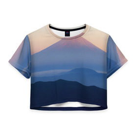 Женская футболка 3D укороченная с принтом Фудзияма в Санкт-Петербурге, 100% полиэстер | круглая горловина, длина футболки до линии талии, рукава с отворотами | fuji | вулкан | горы | рассвет | солнце | туман | утро | япония
